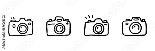 Camera Line Icon Set In Doodle Style. Photography, Image Capture, And Visual Media Equipment Outline Sketch Collection. Hand Drawn Isolated Vector Illustration