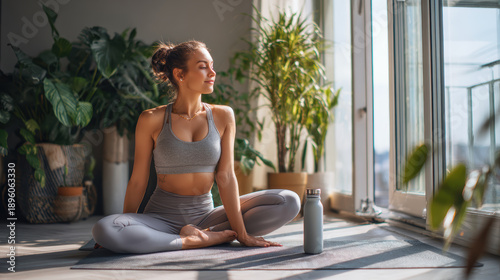 Woman practicing yoga in a bright, plant-filled room