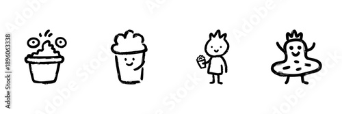 Cartoon Popcorn Characters Line Icon Set In Doodle Style. Snack Fun, Movie Time, And Entertainment Outline Sketch Collection. Playful And Whimsical Designs. Hand Drawn Isolated Vector Illustration