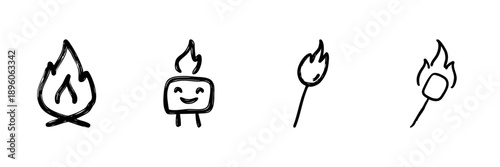 Campfire And Marshmallow Line Icon Set In Doodle Style. Outdoor Cooking, Camping Fun, And Bonfire Activities Outline Sketch Collection. Hand Drawn Isolated Vector Illustration