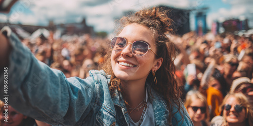 Woman taking a selfie at an outdoor music festival with a crowd in the background