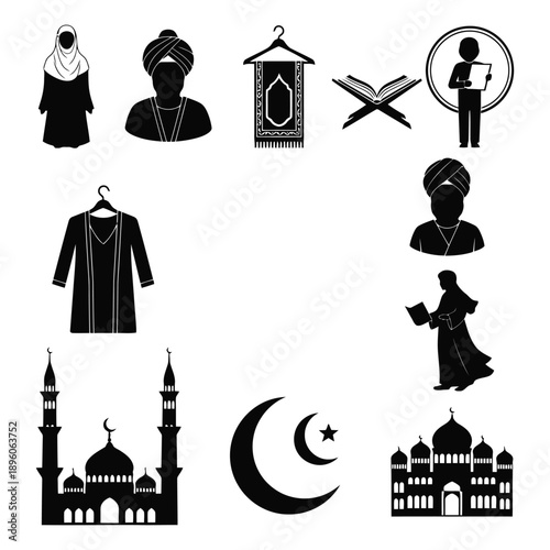 Islamic symbols and figures depicted in a minimalist black and white silhouette
