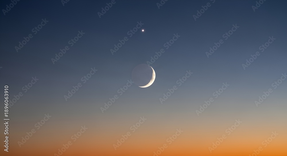 Fototapeta premium Crescent Moon and Bright Star Venus in Twilight Sky, Astronomical Conjunction, Celestial Event, Photography Stock Image for Astronomy and Space Enthusiasts