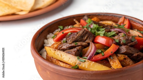 Lomo Saltado Served In Clay Bowl Warm Tones Copy