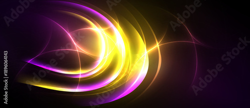Abstract light streaks, vibrant purple, yellow hues. Dynamic curves create flowing energy, dark background emphasizes luminosity.