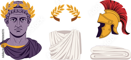 Roman emperor bust silhouette and senator toga with centurion helmet vector illustration