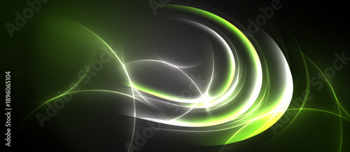 Abstract swirls, luminous lines, vibrant green hues dominate dark background. Dynamic energy radiates from central point.