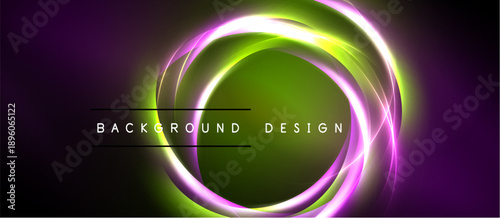 Abstract neon circles overlap, creating vibrant glow. Dark background emphasizes bright colors, modern design element.