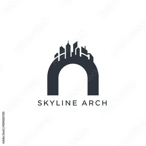 Modern city skyscraper skyline on a curved archway icon for urban property development branding professional logo design for SKYLINE ARCH