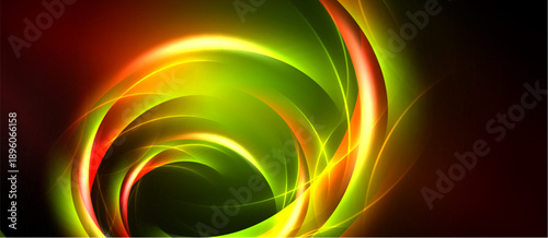 Vibrant swirls, luminous lines create dynamic abstract composition. Green, orange, red hues blend into dark background. Energy radiates.