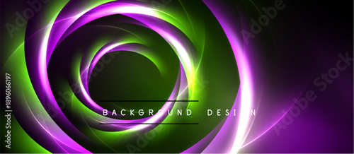 Abstract swirling lights create dynamic visual effect. Purple, green hues dominate dark background. Text reads background design.