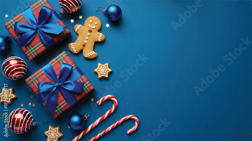 A festive Christmas composition on a deep blue background featuring wrapped presents and holiday decorations. 