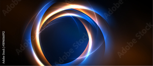 Bright concentric circles radiate energy. Blue, orange hues dominate dark background. Abstract design evokes motion, depth.