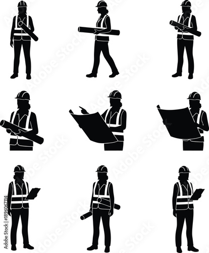 Architectural Aspirations: Nine silhouettes of an architect in different poses, showcasing professional engagement with blueprints, representing ambition, creativity for labour day