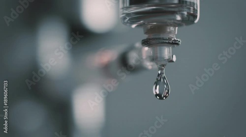 A single water drop falls from a faucet in a bathroom scene captured from a close-up viewpoint