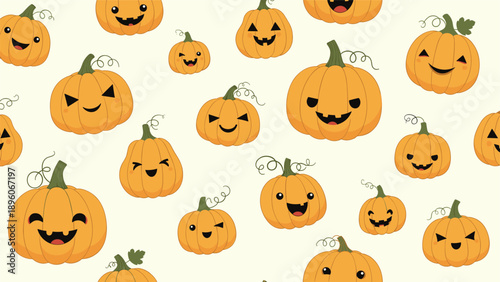 Festive Halloween pattern of orange carved pumpkins with various spooky and happy jack o lantern faces on a cream background.