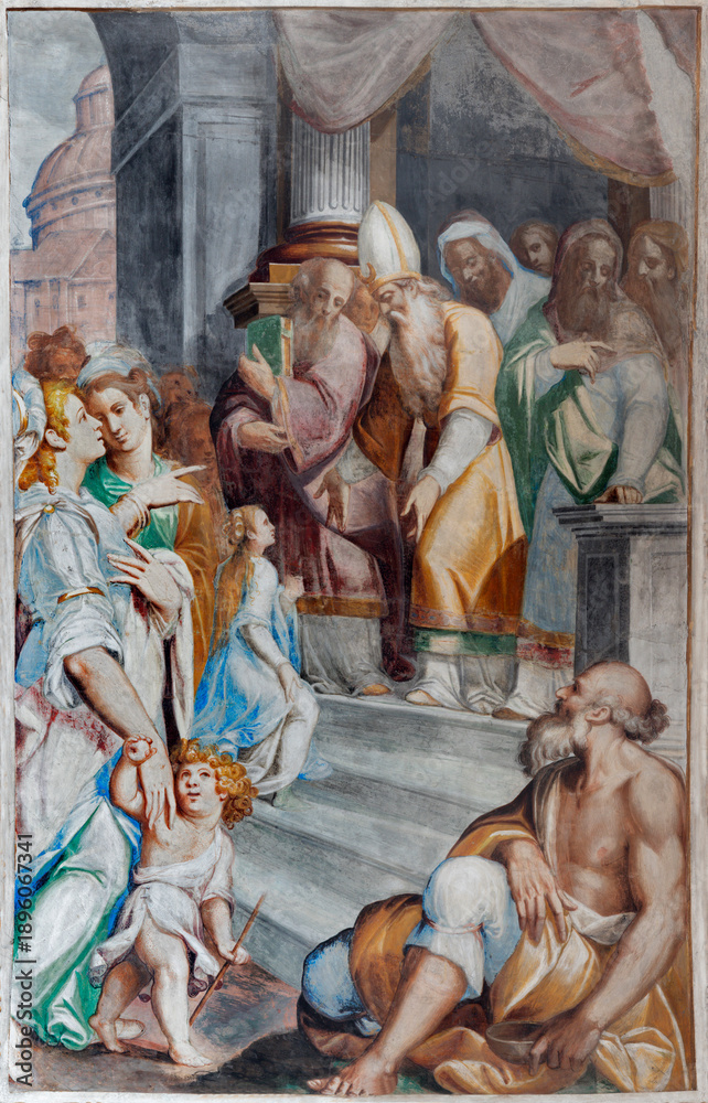 Fototapeta premium NOVARA, ITALY - JANUARY 16, 2026: The baroque fresco of Presentation of Virgin Mary in the temple in the church Basilica di San Gaudenzio by Camillo Landriani (1602 - 1617).
