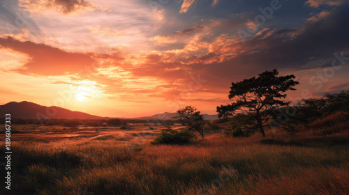 Dramatic Sunset Over Wetland with Silhouetted Trees