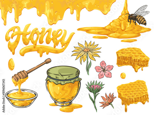 Sweet honey and bees in nature