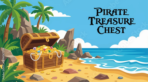 classic pirate treasure chest placed on a tropical beach with sand and rocks, designed for adventure branding, game assets, and storytelling visuals