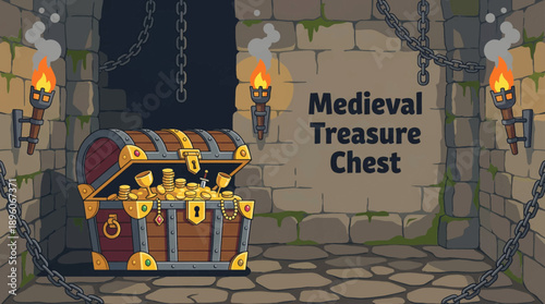 medieval treasure chest inside a stone castle dungeon, designed for fantasy games and historical storytelling vector illustration