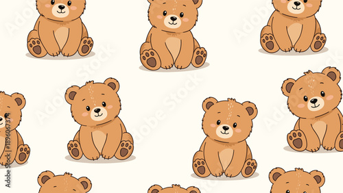 Sweet seamless pattern of adorable little brown bears sitting down with happy expressions on a warm cream colored background.