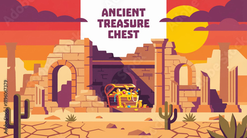 ancient treasure chest hidden inside desert ruins, ideal for archaeology, history, and adventure themed designs vector illustration