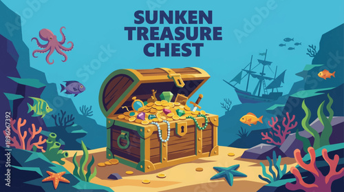 treasure chest resting on the ocean floor, perfect for underwater exploration, pirate stories, and game environments detailed cartoon vector illustration