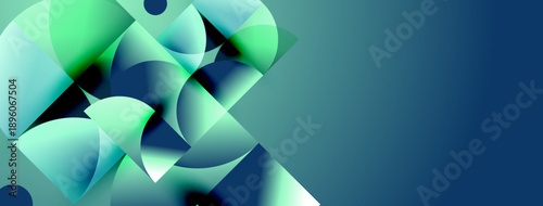 Abstract shapes blend blues, greens. Gradient effect creates depth, modern feel. Minimalist design, clean aesthetic. Visual harmony present.