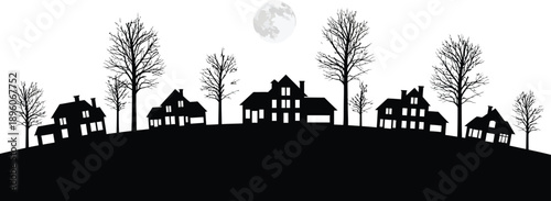 Silhouetted houses on hill under full moon with bare trees