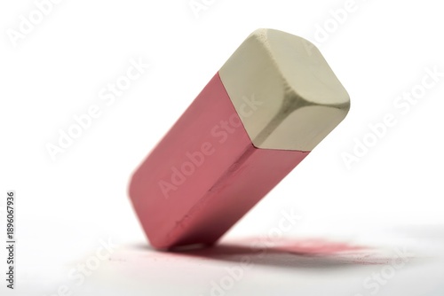 Pink and beige eraser with graphite dust, symbolizing mistakes and corrections on a white background.
