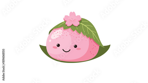 Adorable pink cherry blossom mochi character with a smiling face and a green leaf hat topped with a small sakura flower.