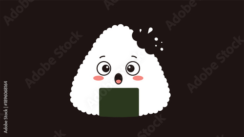 Surprised little onigiri rice ball cartoon character with a bite taken out, featuring big eyes and a small piece of nori.