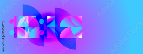 Abstract geometric shapes overlap, creating vibrant blue, purple gradients. Modern design suggests technology, innovation, digital art.