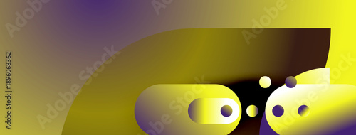 Abstract composition. Yellow, purple gradients create flowing shapes. Circles suggest light sources or bubbles. Minimalist design, modern aesthetic.