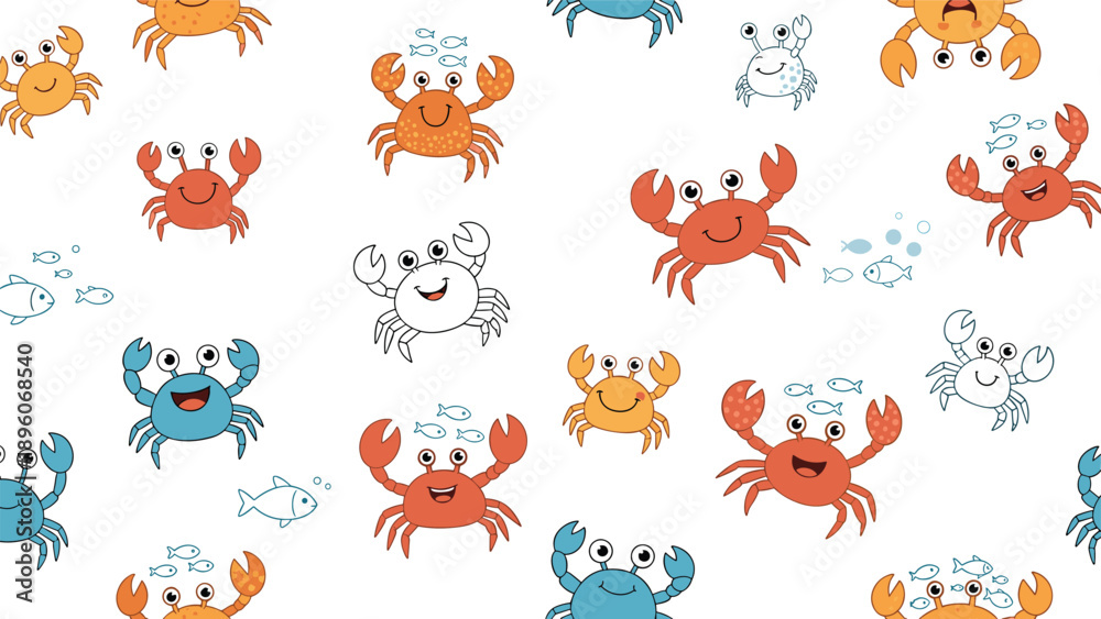 Obraz premium Vibrant seamless pattern of various colorful cartoon crabs and small fish swimming together on a clean white background.