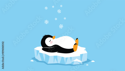 Adorable penguin sleeping peacefully on a floating iceberg in a blue ocean with gentle snowflakes falling from the sky.