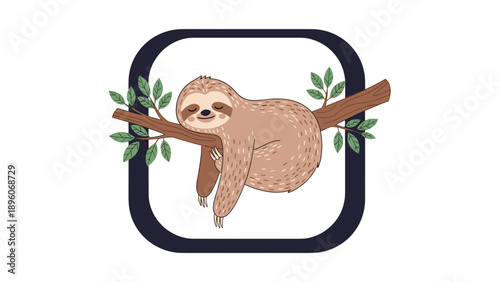 Relaxing illustration of a cute sloth sleeping on a tree branch, enclosed within a dark blue rounded square frame.