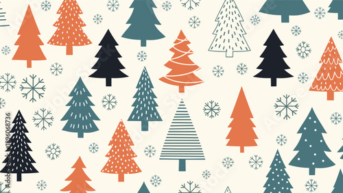 Festive seamless pattern of various stylized Christmas trees in different colors and patterns with delicate white snowflakes.