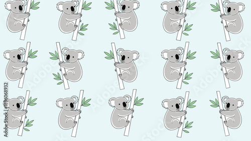 Seamless pattern of cute cartoon koalas climbing on bamboo sticks with leaves on a soft light blue background for nursery.