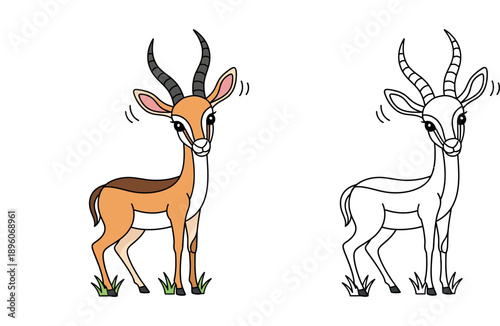 Cute cartoon gazelle vector illustration. Adorable antelope character standing on grass isolated on white background. Funny wild animal with horns for kids education and nursery design.