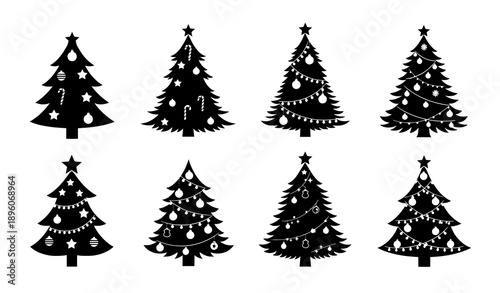 Minimal black Christmas tree silhouettes with decorations vector collection