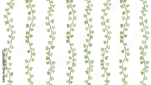 Simple vertical vine seamless pattern with small green leaves arranged in hanging rows on a clean white background design.