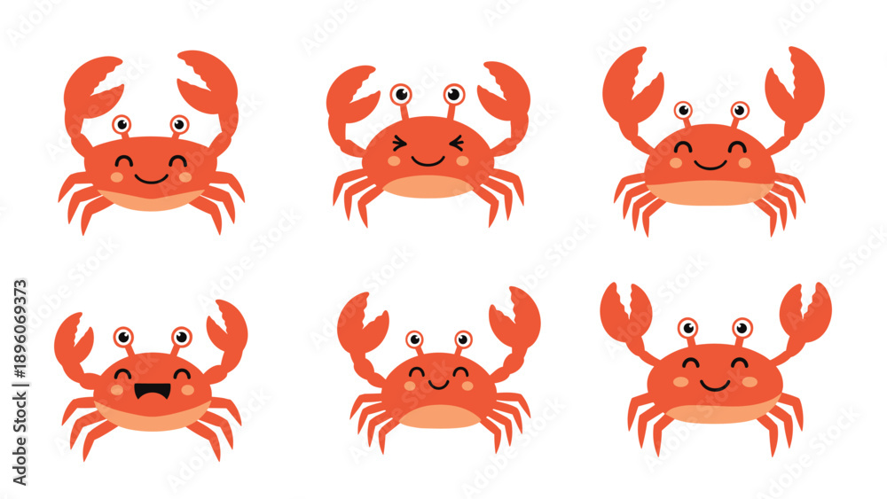 Obraz premium Set of six adorable orange crab cartoon characters with different facial expressions and poses on a plain white background.