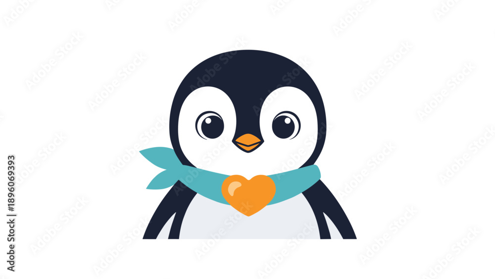 Obraz premium Close up of a cute cartoon penguin wearing a blue scarf with an orange heart brooch isolated on a plain white background.