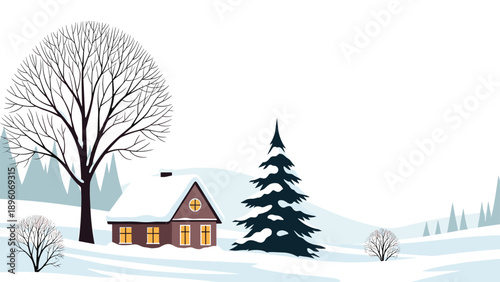 Charming winter landscape with a cozy house nestled among snowy hills and pine trees under a clear white sky background.