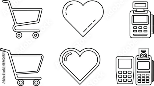 Black and white line drawing icons of shopping cart heart and payment terminal isolated on transparent background