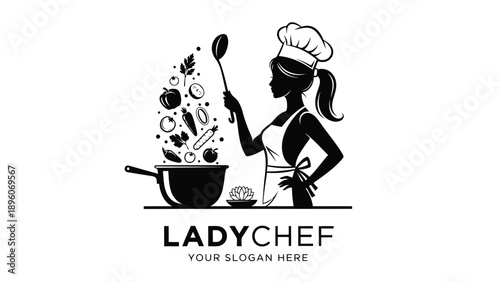 Vector Illustration of Lady Chef Cooking with Fresh Ingredients and Kitchen Utensils