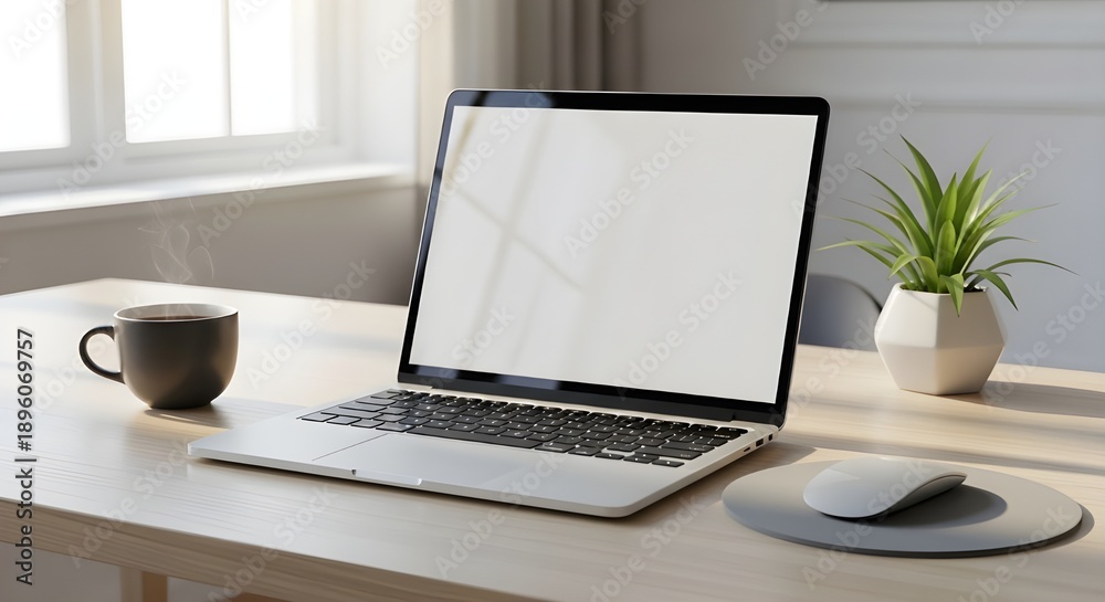 Fototapeta premium Modern laptop in minimal workspace representing technology and productivity.