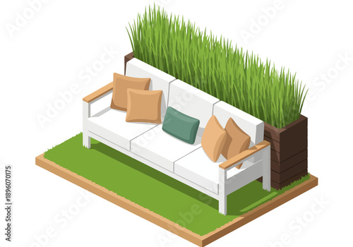 An isometric view of a modern white garden sofa adorned with beige and teal pillows, situated on a grassy base and shielded by a dark wooden planter filled with tall, vibrant green ornamental grass